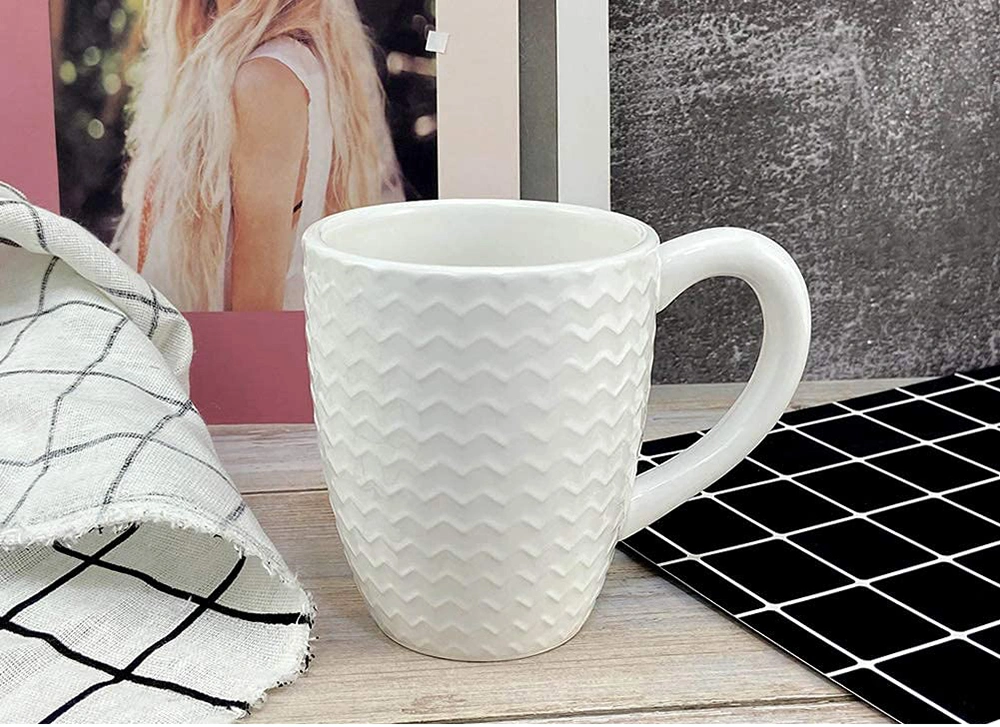 13.5 Oz White Ceramic Coffee Mugs Stylish Embossed Coffee Cups Set with Different Patterns, for Coffee, Tea, Milk, Cocoa, Cereal