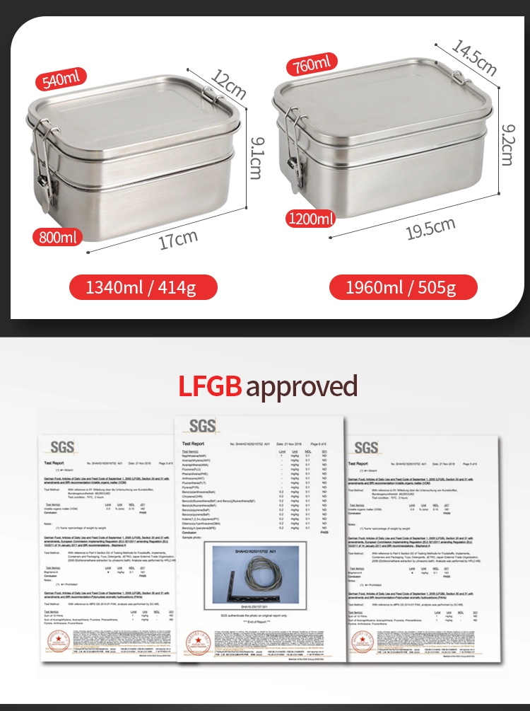 LFGB Reusable Camping Sealed Double Layer OEM/ODM Logo Customizable Food Packing Container Stainless Steel Bento Box Lunch Box